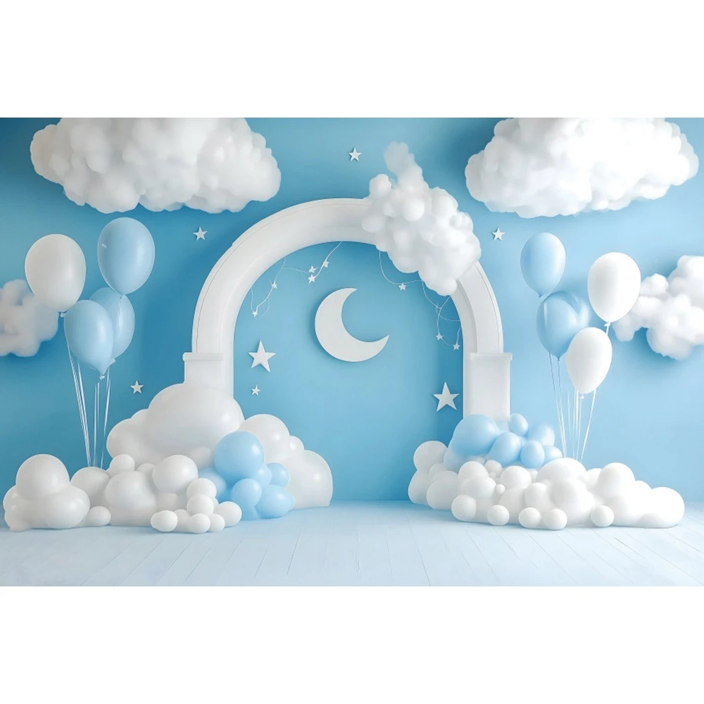 Blue Sky Clouds Hot Air Balloons Background for Photography Props Baby Shower Cake Smash Boy 1st Birthday Backdrop Banner