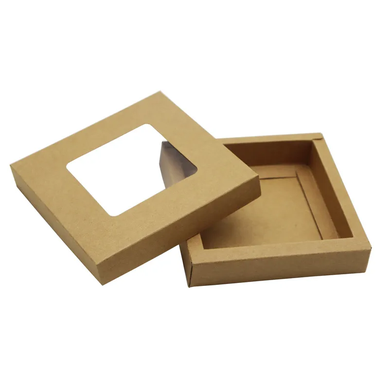 

30Pcs 12.5x12.5x2.5cm Kraft Paper Gift Box With Transparent PVC Window Brown Cake Boxes Wedding Cookie Candy Packaging Boxes