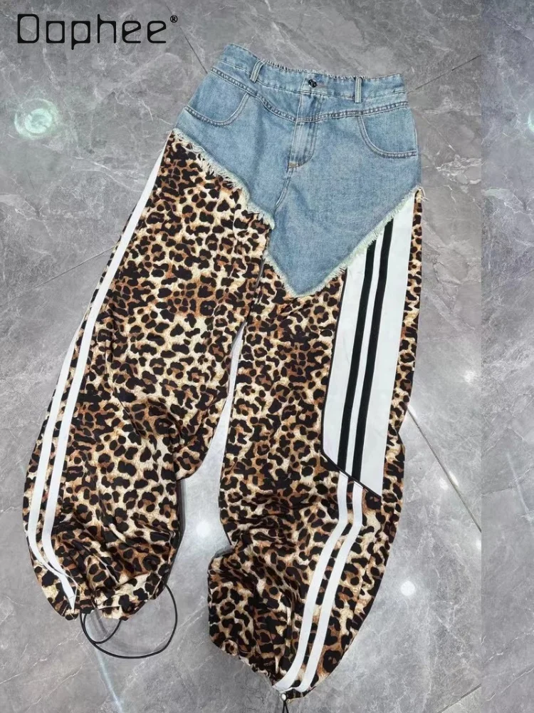 

Leopard Splicing Jeans for Women 2024 Spring and Summer New Thin Washed Cotton Elastic Waist Straight Ankle Tied Cropped Pants