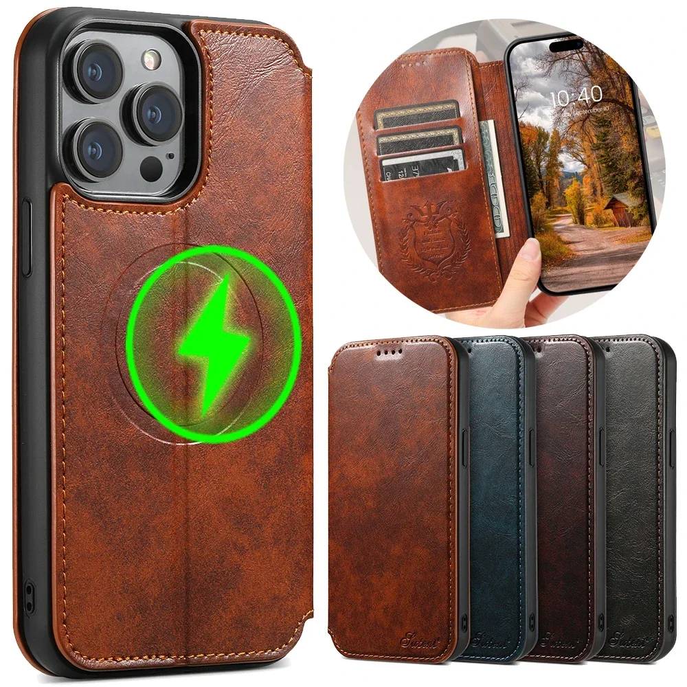 

Магнитный кожаный чехол-кошелек с беспроводной зарядкой для iPhone 17, 16, 12, 13, 14, 15, Pro Max Plus Promax Kickstand Card Solt Cover