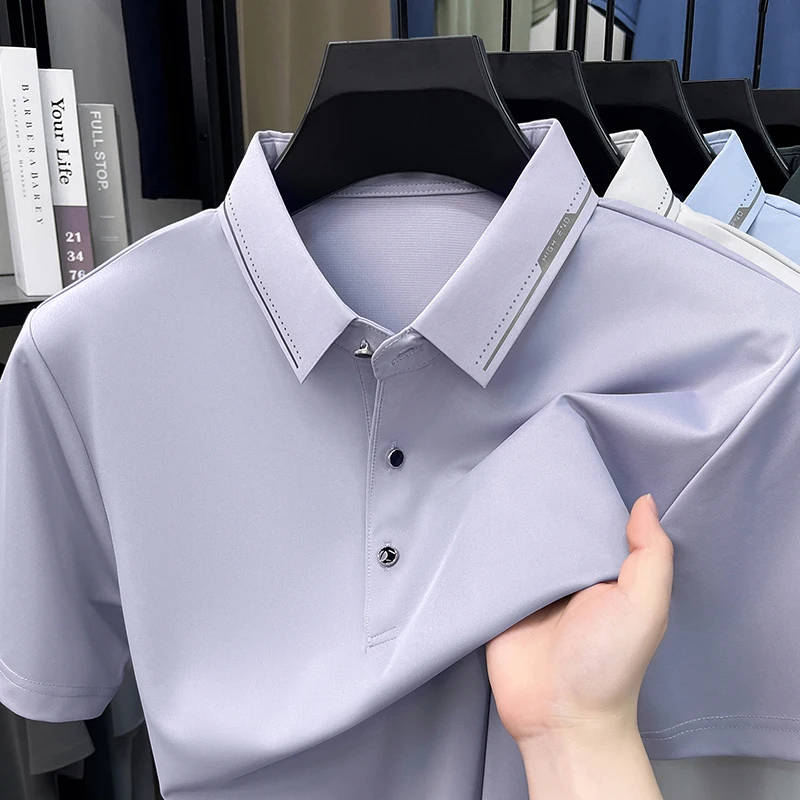 Light luxury men's short sleeve polo shirt fashion ice silk breathable summer new comfort high-end letter printed lapel T-shirt