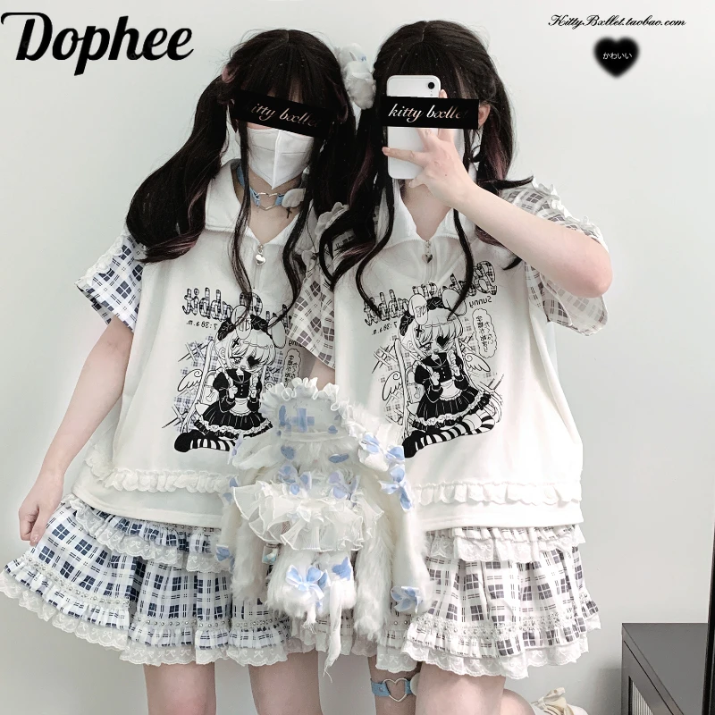

Dophee Original College Turn-down Collar Colorblock Short Sleeve T-shirt Pullover Top Ruffles Beads Elastic Waist A-line Skirts