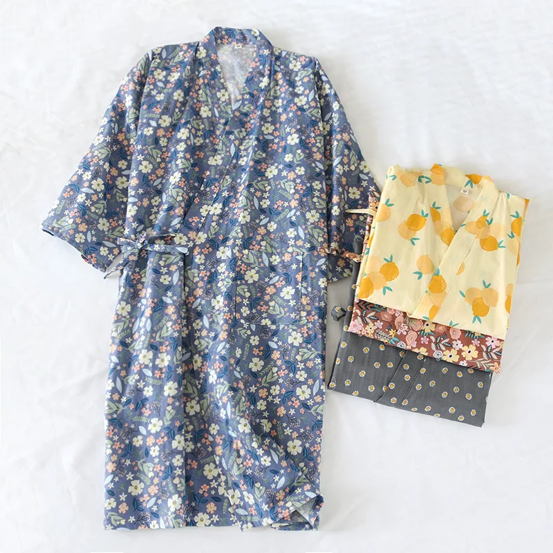 Japanese Sweet Sleepwear Women\'s Cotton Robe Sping Summer Kimono Thin Bathrobe Plus Size Feminino Printing Dressing Gown