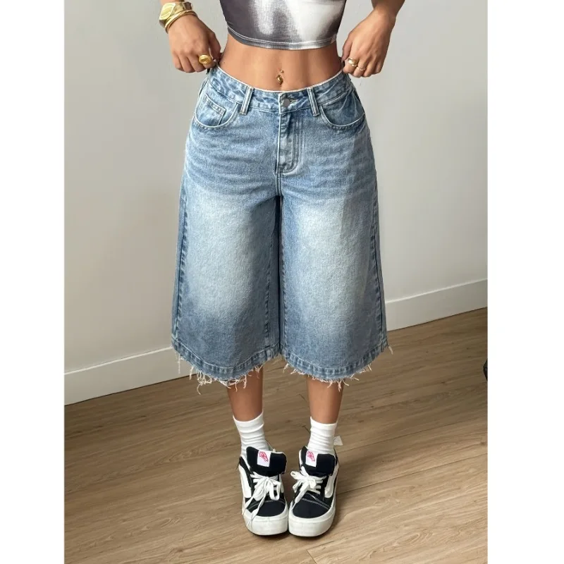 

Women's High Waist Wide Leg Jeans Shorts Casual Fashion Washed Denim Mid-Length Loose Fit Versatile Simple Style New Arrival