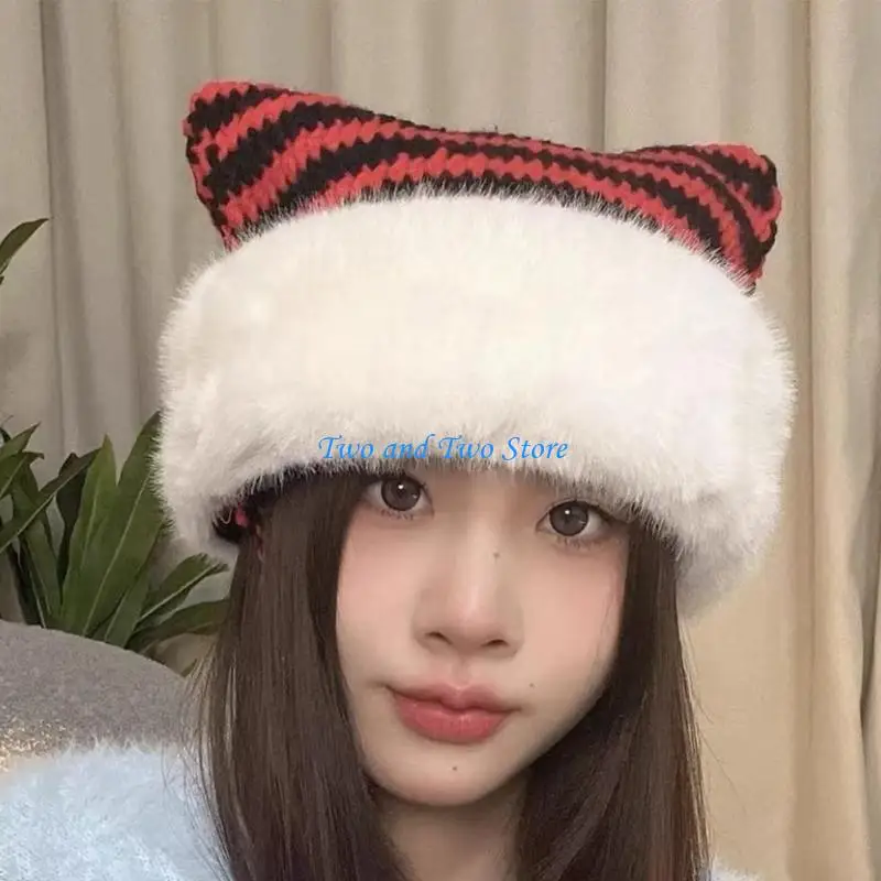 HX6F شريط قبعة قبعة سميكة أفخم القط الأذن إفشل قبعة للتزلج المشي لمسافات طويلة العالمي سيدة يندبروف بيني للطقس البارد #5