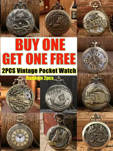 Buy 1 Get 1 Random 2 Pieces Vintage Bronze Pocket Watch, with Necklace Pendant World-Time Feature, Gift Clock For Men and Women