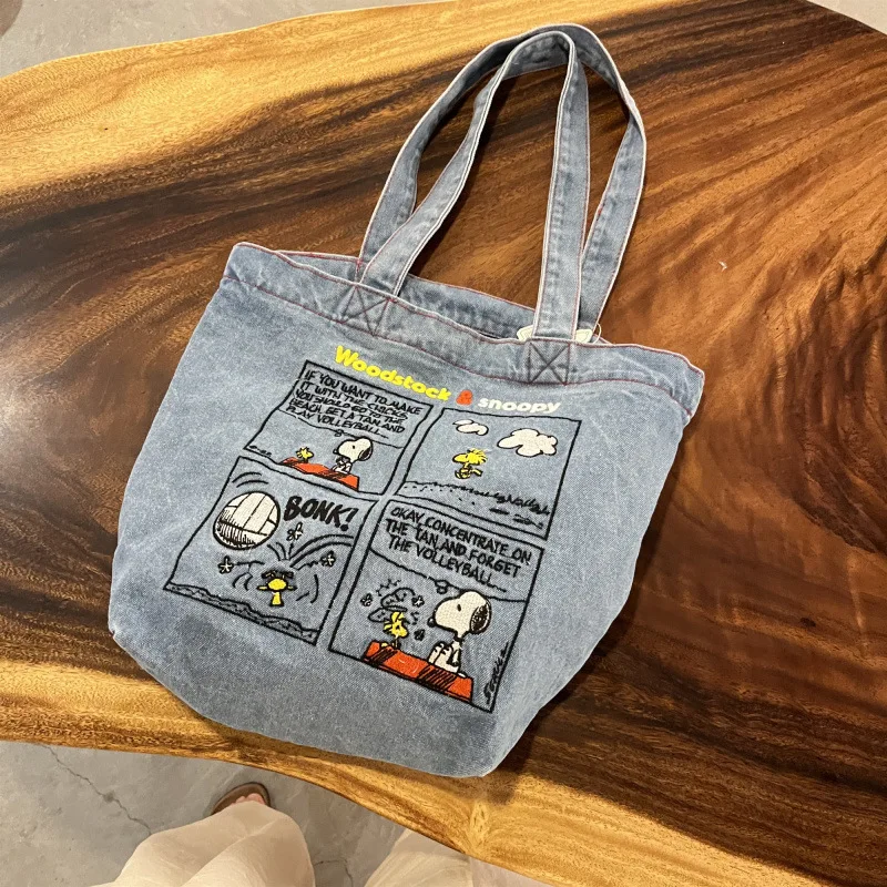 New Cartoon Snoopy Japanese Cute Embroidered Shoulder Bag Retro Versatile Denim Bag Large Capacity Tote Bag Portable Travel Bag