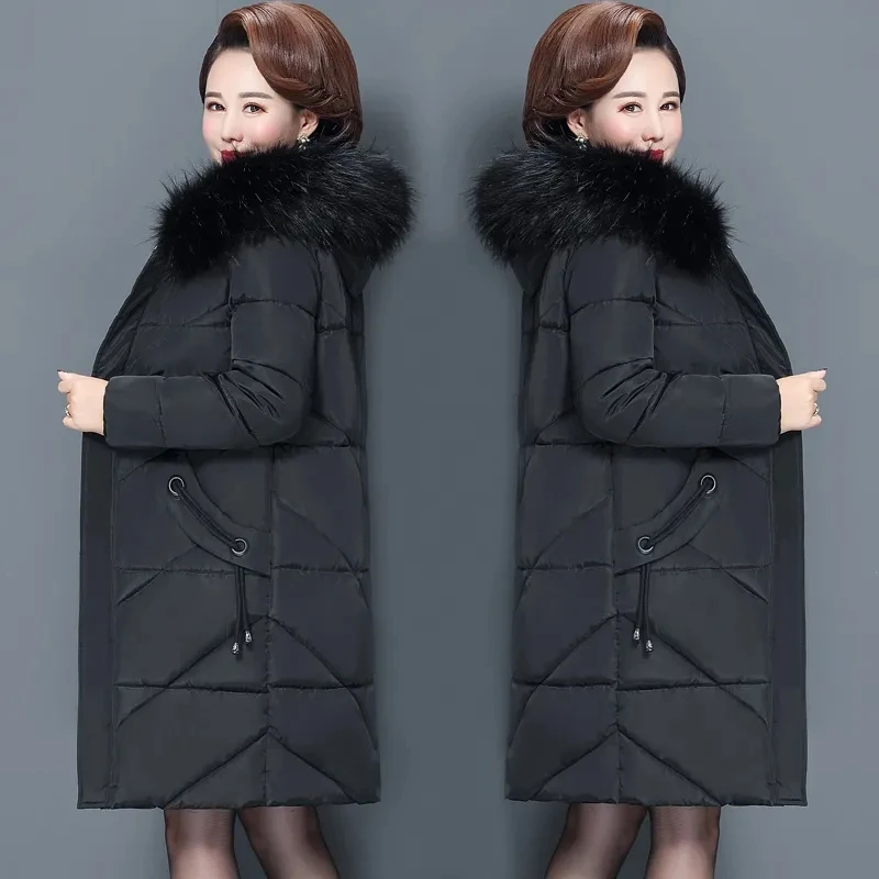 Winter Hooded Long Parkas Down Cotton Clothes Jacket Mid-Length Women Big Fur Collar Solid Color Coat 2024 Fashion Elegant New