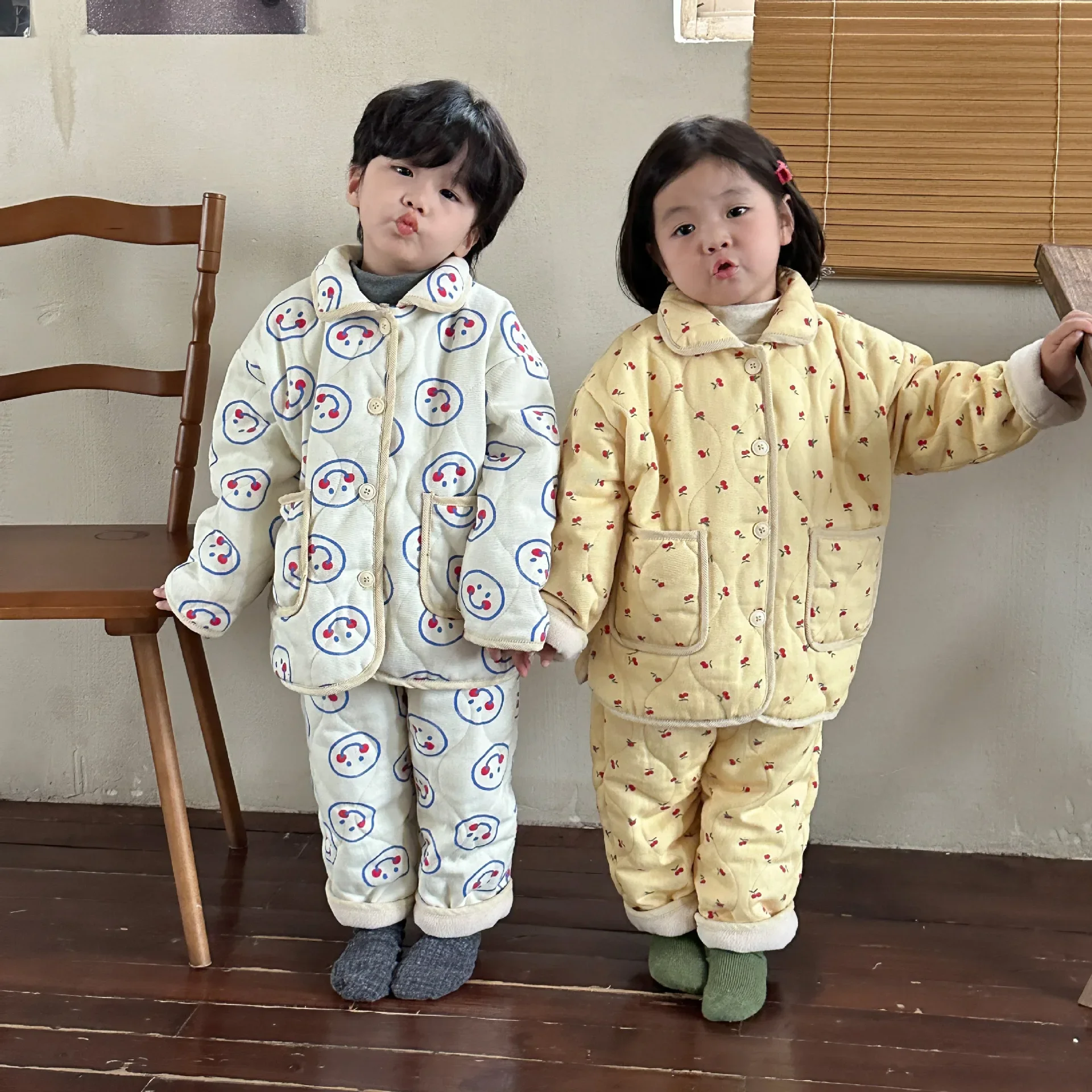 Cartoon Printed Children's Sets Autumn Winter Warm Plush Lining Kids Jacket Pants for Boys and Girls Cotton Pajama Thick Sets