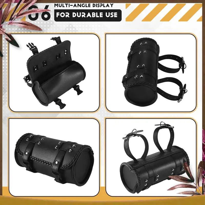 

AB59-Motorcycle Fork Bag PU Leather Bicycle Handlebar Tool Pouch Sissy Bar Roll Storage Bag Saddle Bag, Universal