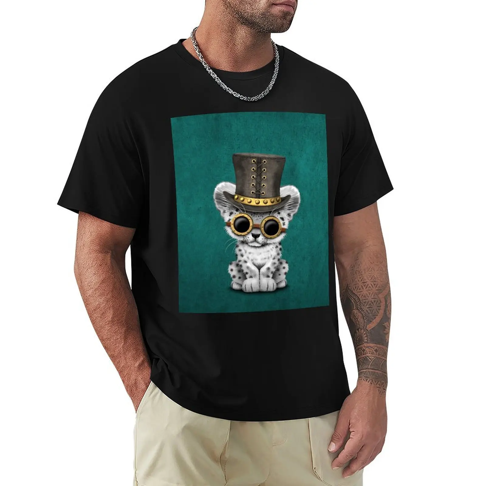 

Steampunk Snow Leopard Cub T-Shirt anime clothes cotton graphic tees heavyweight t shirts for men