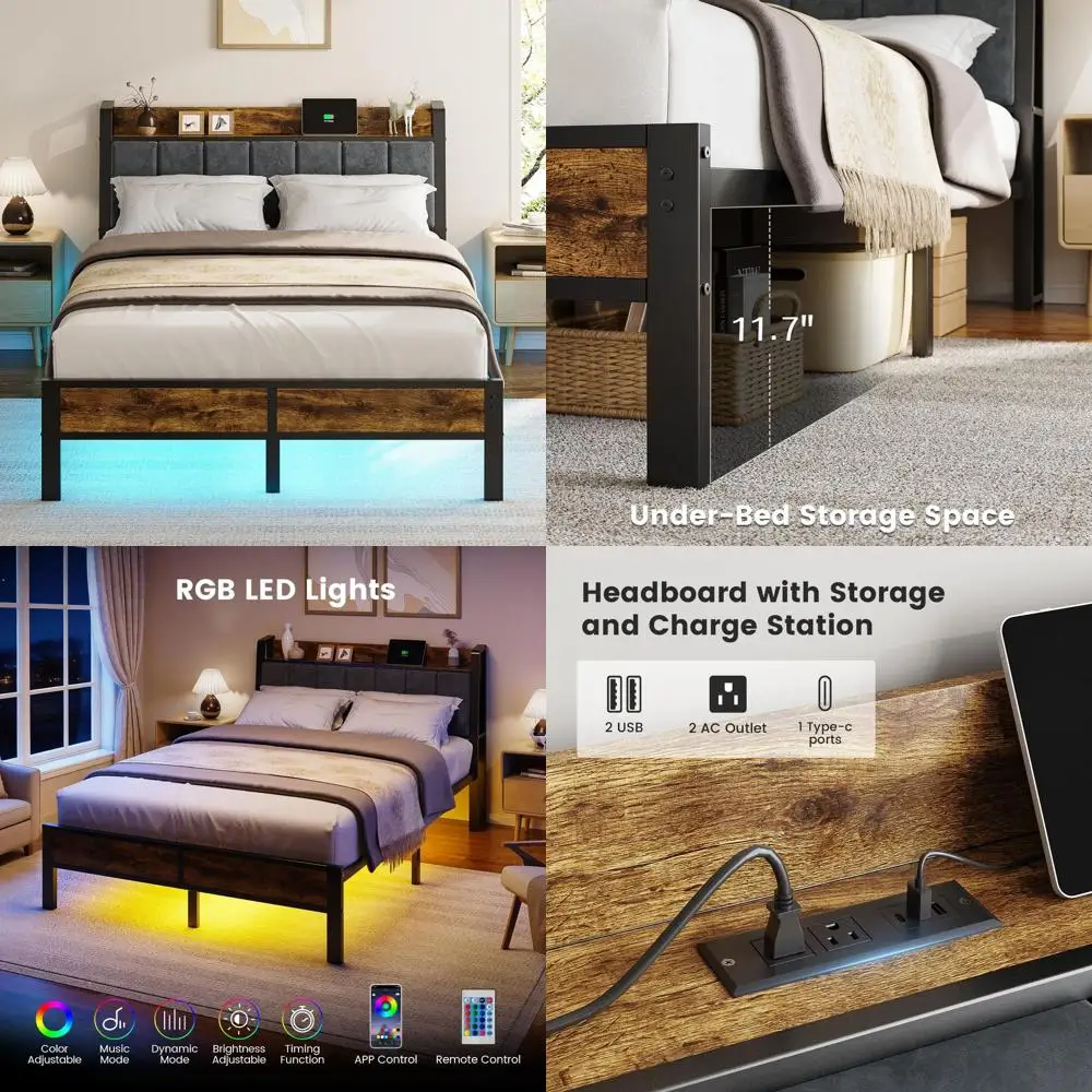 

Умная кровать Queen-size со светодиодной подсветкой, деревянным основанием для хранения, металлической платформой, без необходимости использования пружинного блока, простая сборка, бесшумная.