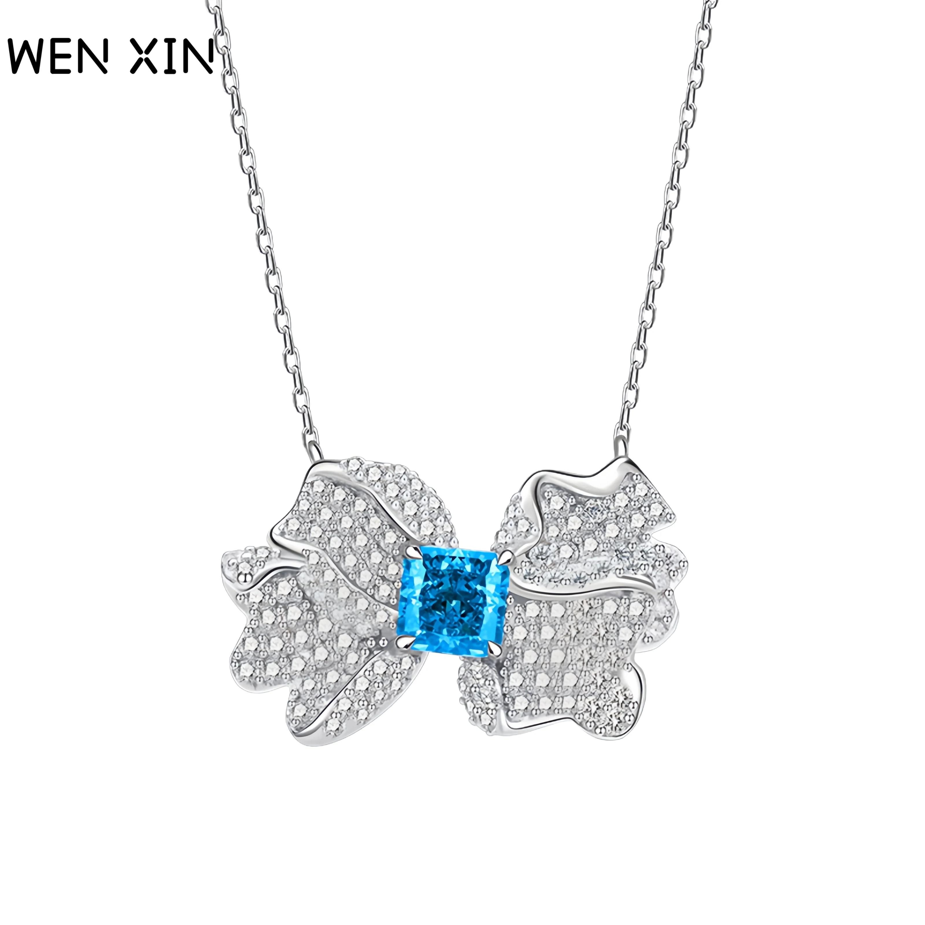 

WENXIN брендовый роскошный бант из стерлингового серебра 925 пробы с цирконом, ожерелье, выращенный в лаборатории, высокоуглеродистые бриллианты, драгоценные камни, ювелирные изделия