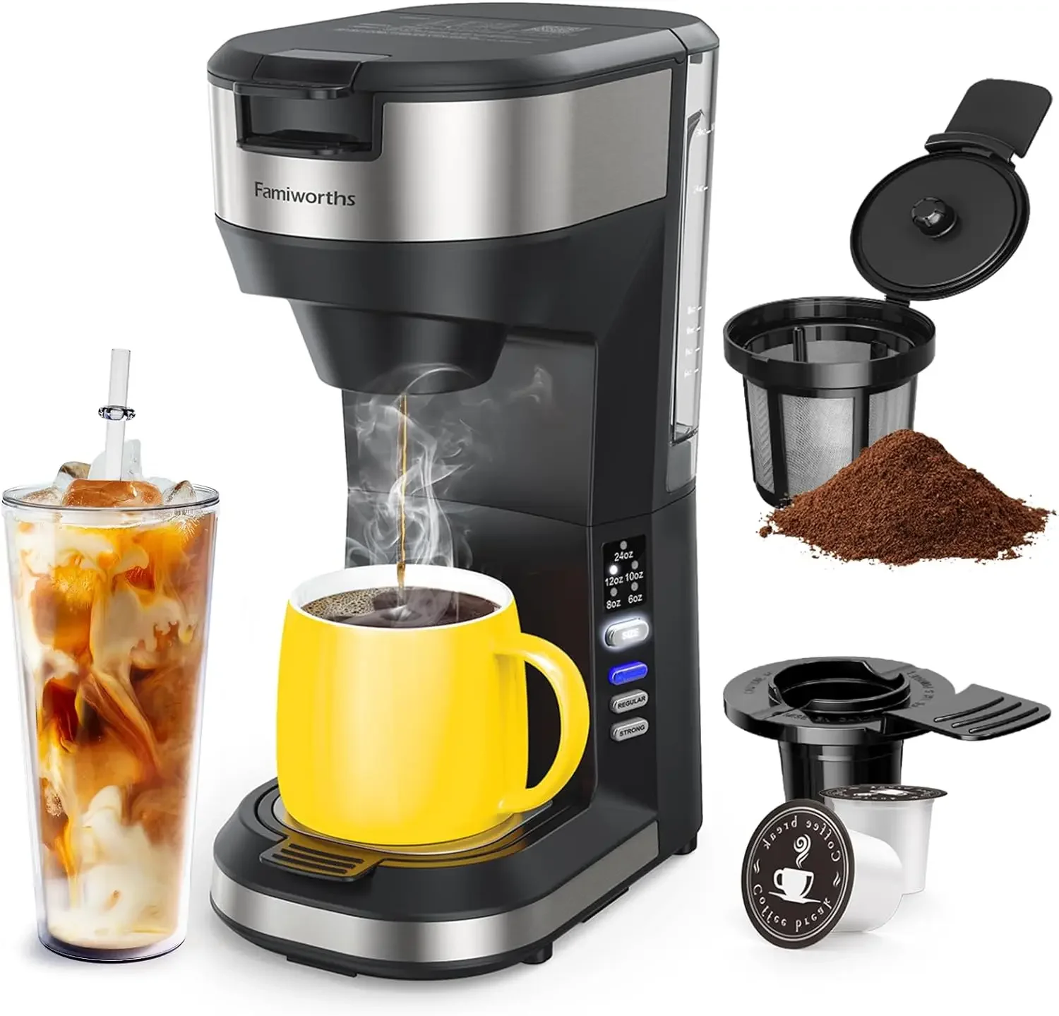 

Famiworths Upgraded Hot and Iced Coffee Maker for K Cups and Ground Coffee, 4-5 Cups Coffee Maker and Single-serve Brewers