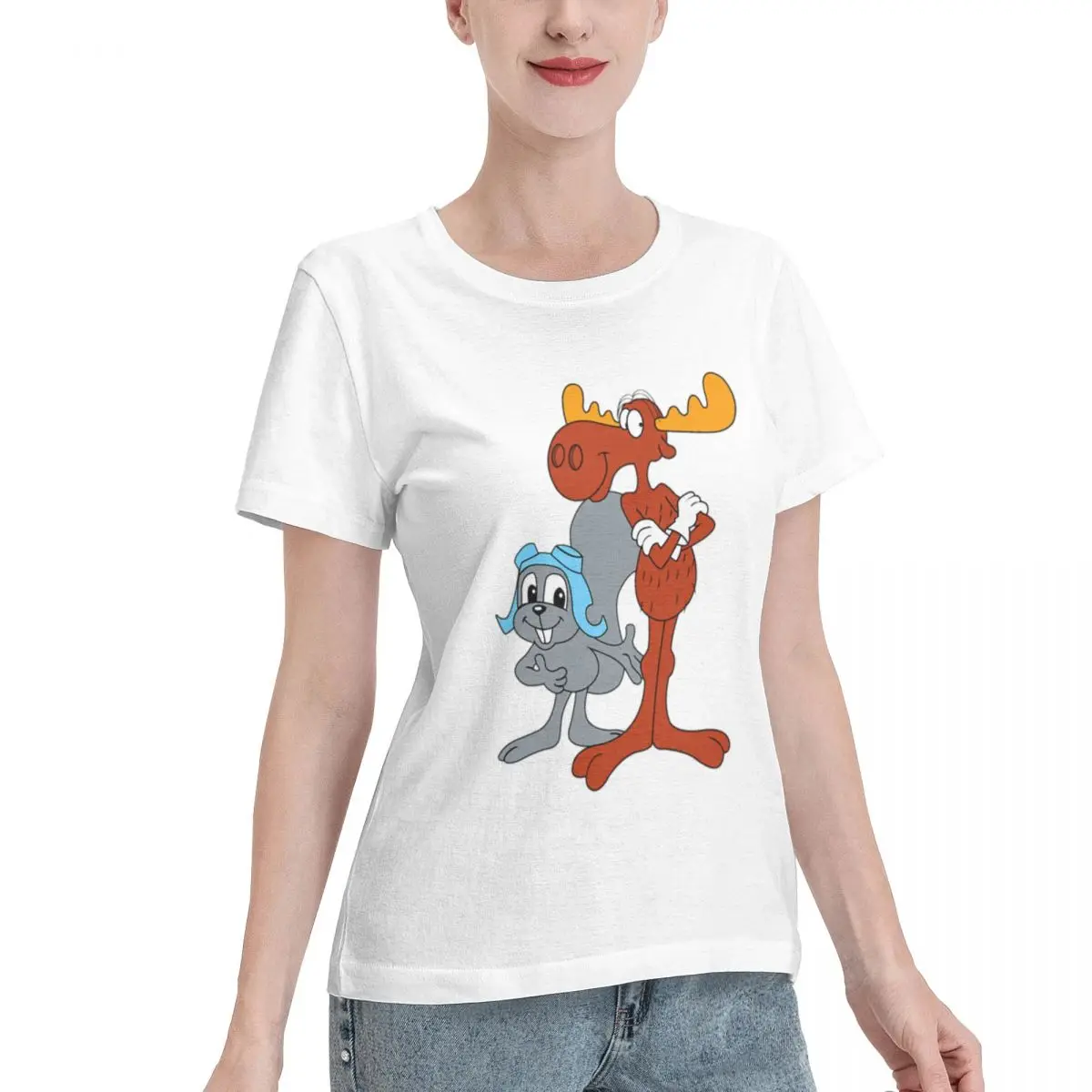 Bargain Price Rocky And Bullwinkle Women's T-shirt Solid Color 100% Cotton T Shirt
