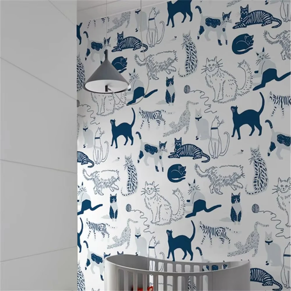 Custom Theme Nordic Cat Wallpaper Mural for Children's Bedroom Background Blue Cat Wall paper Art Boys Girls animal Home Decor