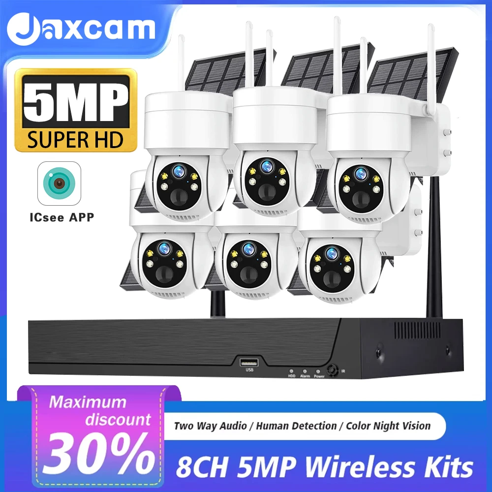 태양광 IP 와이파이 카메라, 8CH 5MP 와이파이 NVR PTZ, 야외 방수, 8000mAh 내장 배터리 감시 캠, PIR 인체 감지