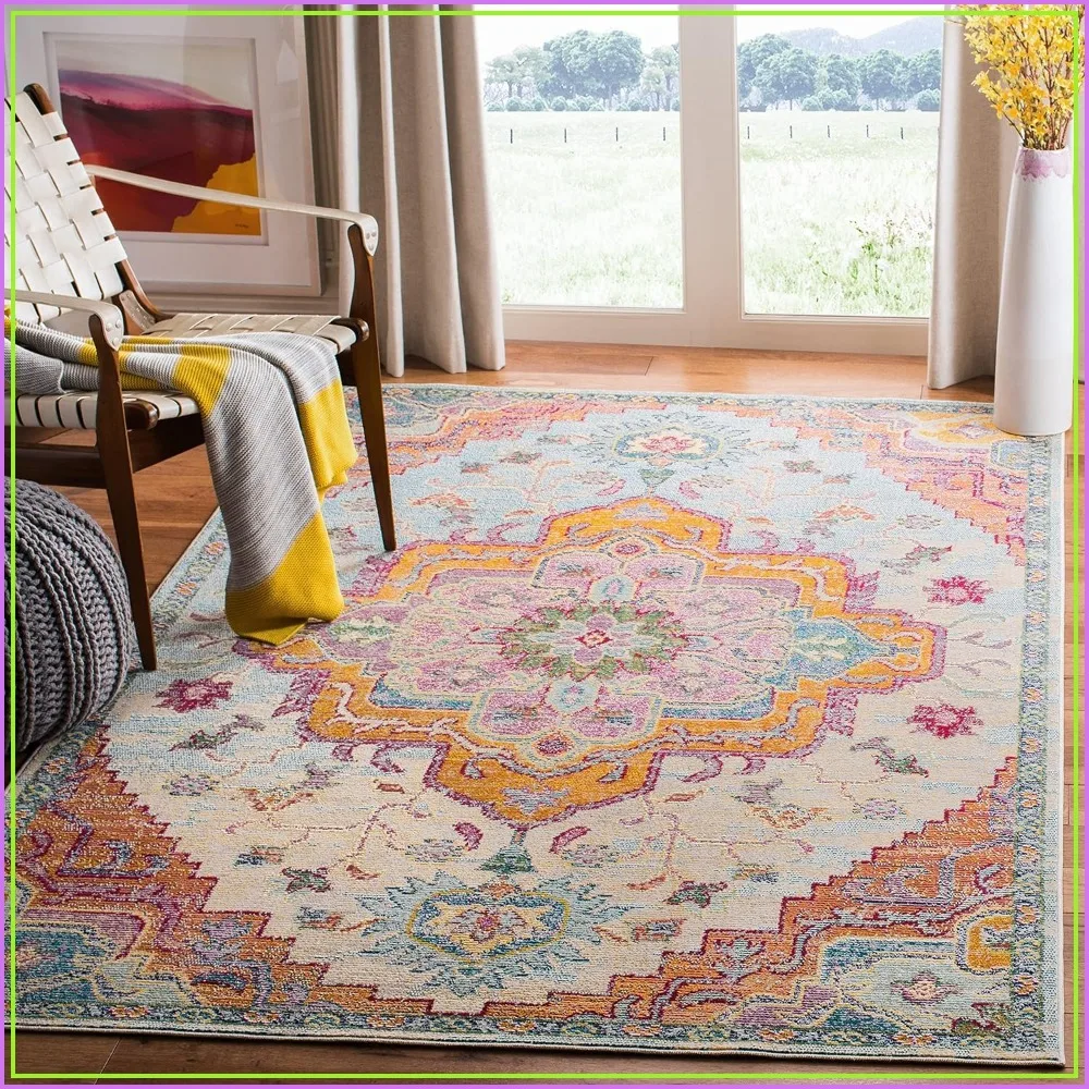 5x8 Medallion Distressed Area Rug Light Blue Fuchsia Non-Shedding Easy Care for Living Room Bedroom
