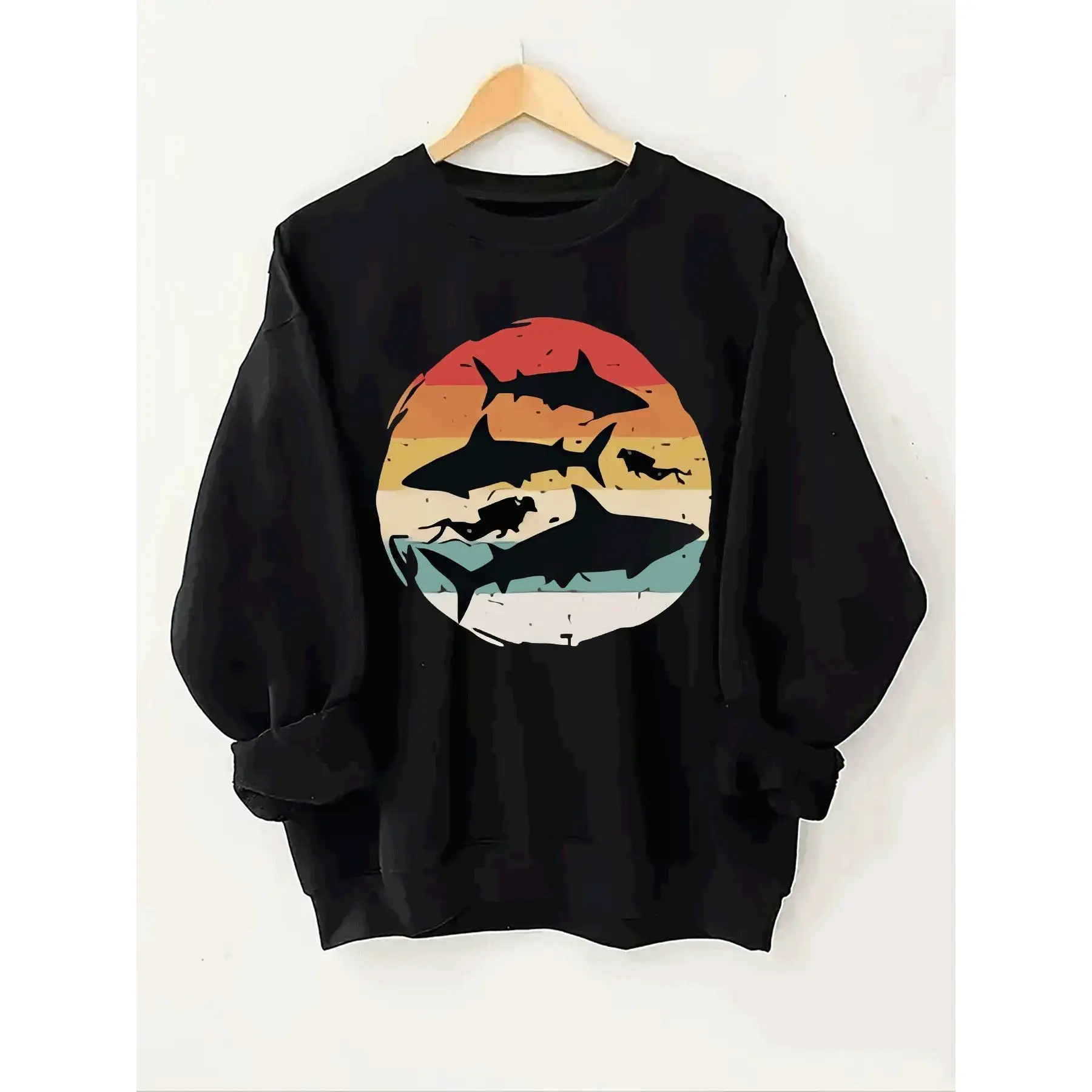 

Diving Shark Sweatshirt Unisex Ocean Diver Graphic Pullover Retro Sunset Marine Life Cotton Top Scuba Adventure Gift