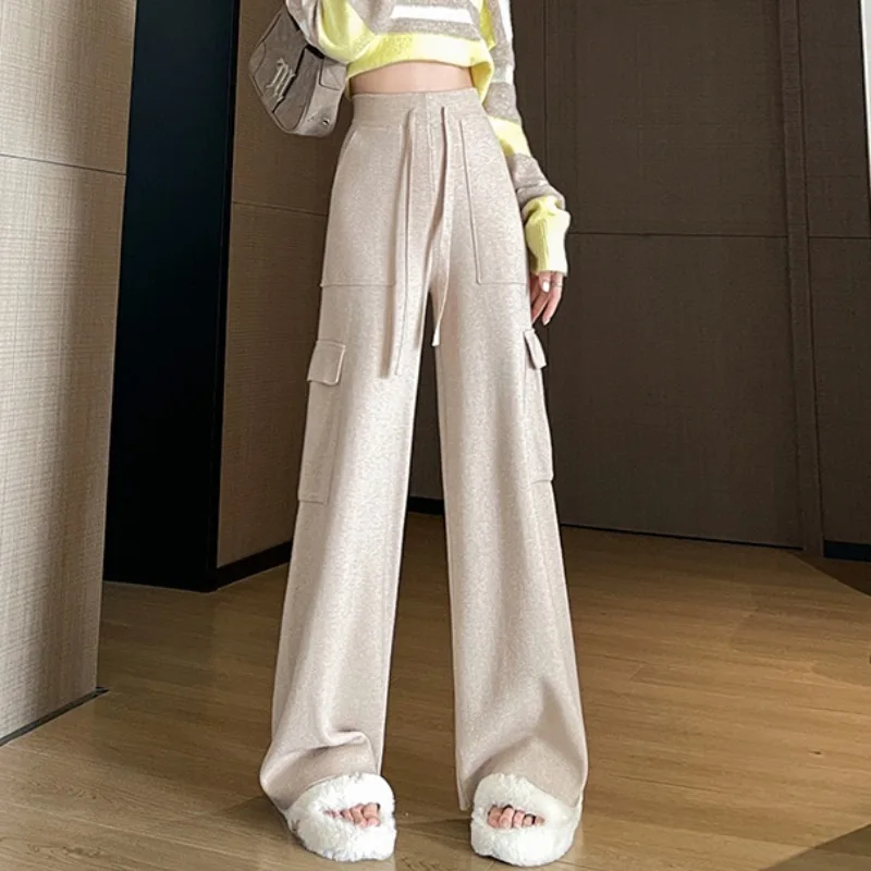 

2024 Knitted Overalls Women's New Autumn and Winter Multi-pocket Drawstring Elastic Waist High Waist Slim Wide Leg Pants LJ332