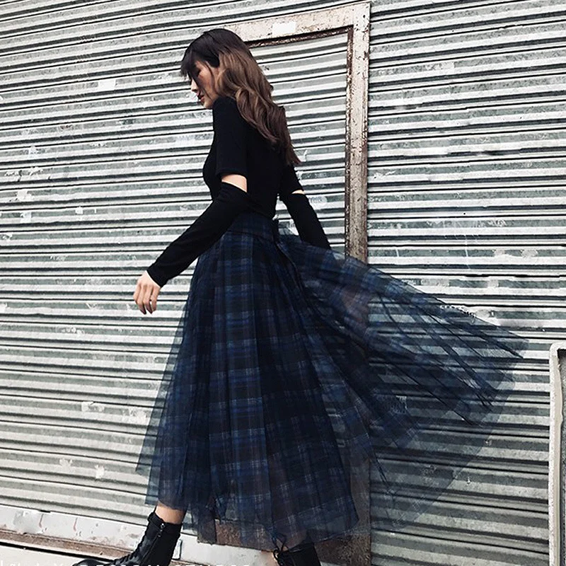 TWOTWINSTYLE Plaid Patchwork Mesh Women's Skirts High Waist Hit Color Elegant A Line Skirts Female 2020 Spring Fashion New
