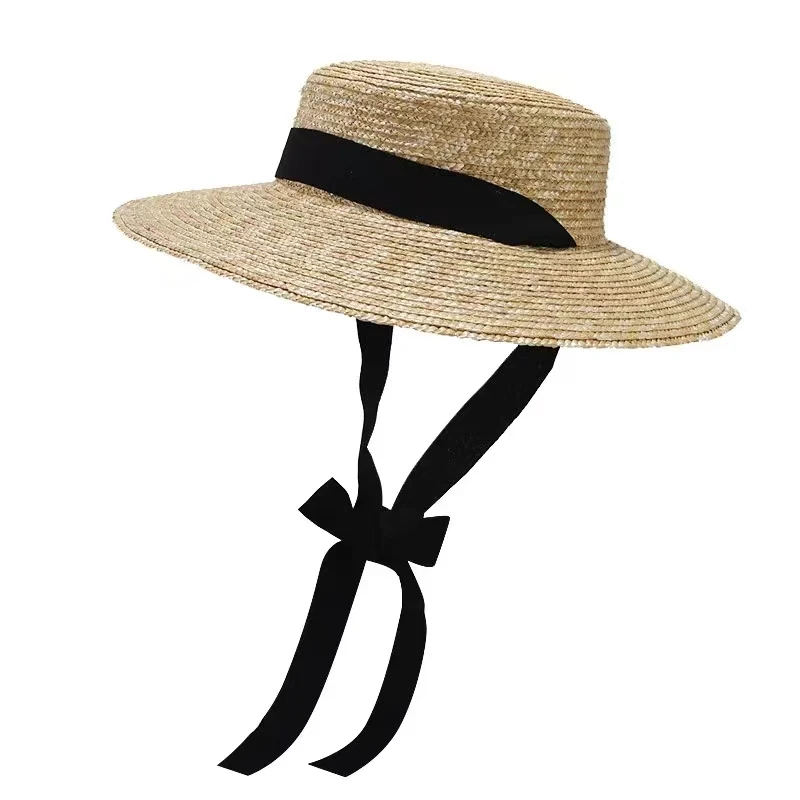 French Retro Light Top Straw Degrees Strap Sun Protection Sun Hat with Wide Brim Female Photo Vacation Seaside Beach Bucket Hat