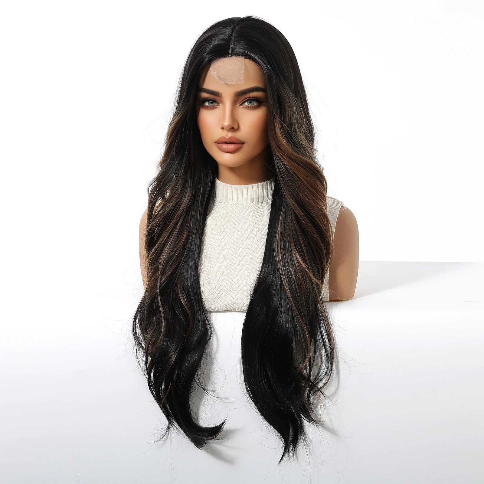 Afbeelding 6: LOUIS FERRE Hoogtepunten Zwart Bruin Pruiken Lange Body Wave Haarlijn Lace Front Synthetische Pruik Voor Vrouwen Dagelijks Natuurlijke Middelste Deel Pruik