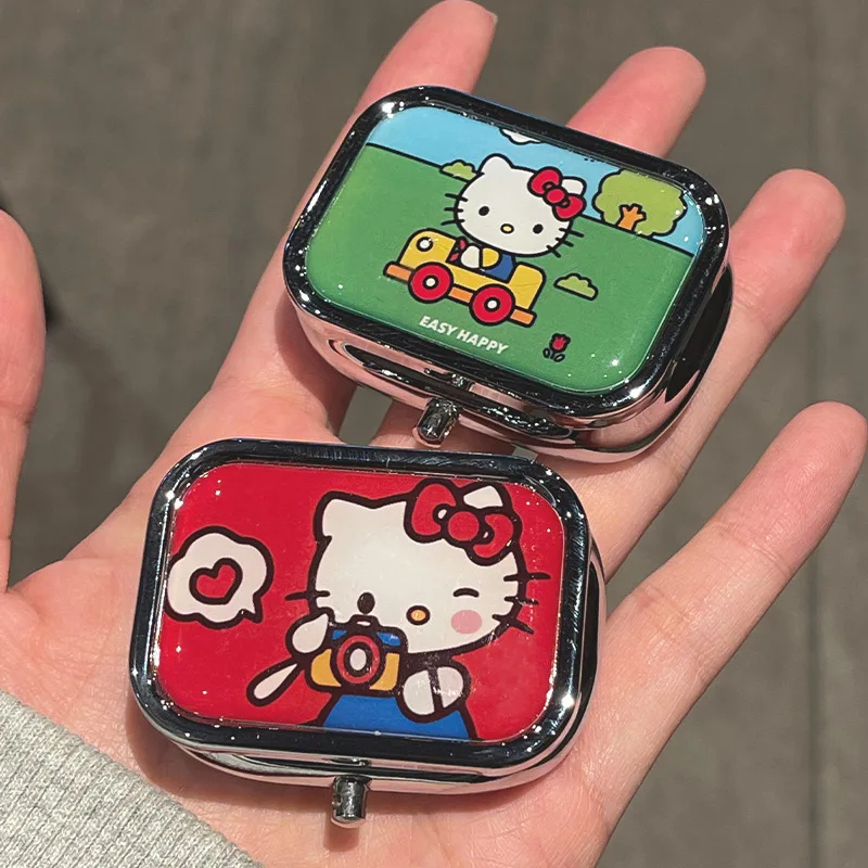

Portable Metal Hellokitty Mini Pill Box Jewelry Storage Organizer Cute Compartments Travel Size Cosplay Accessory Collectible