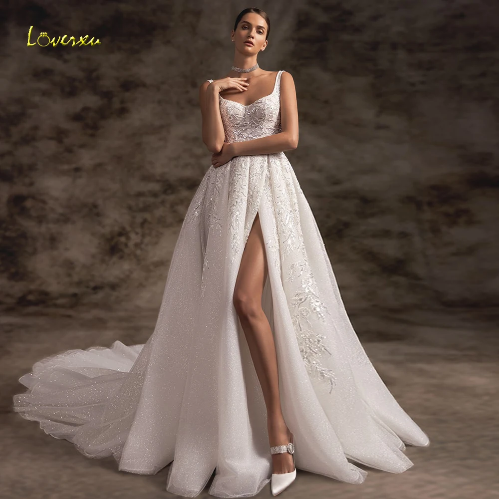 

Loverxu A-Line Charming Split Wedding Dresses 2024 Scalloped Sleeveless Robe De Mariee Zipper Court Train Vestido De Novia