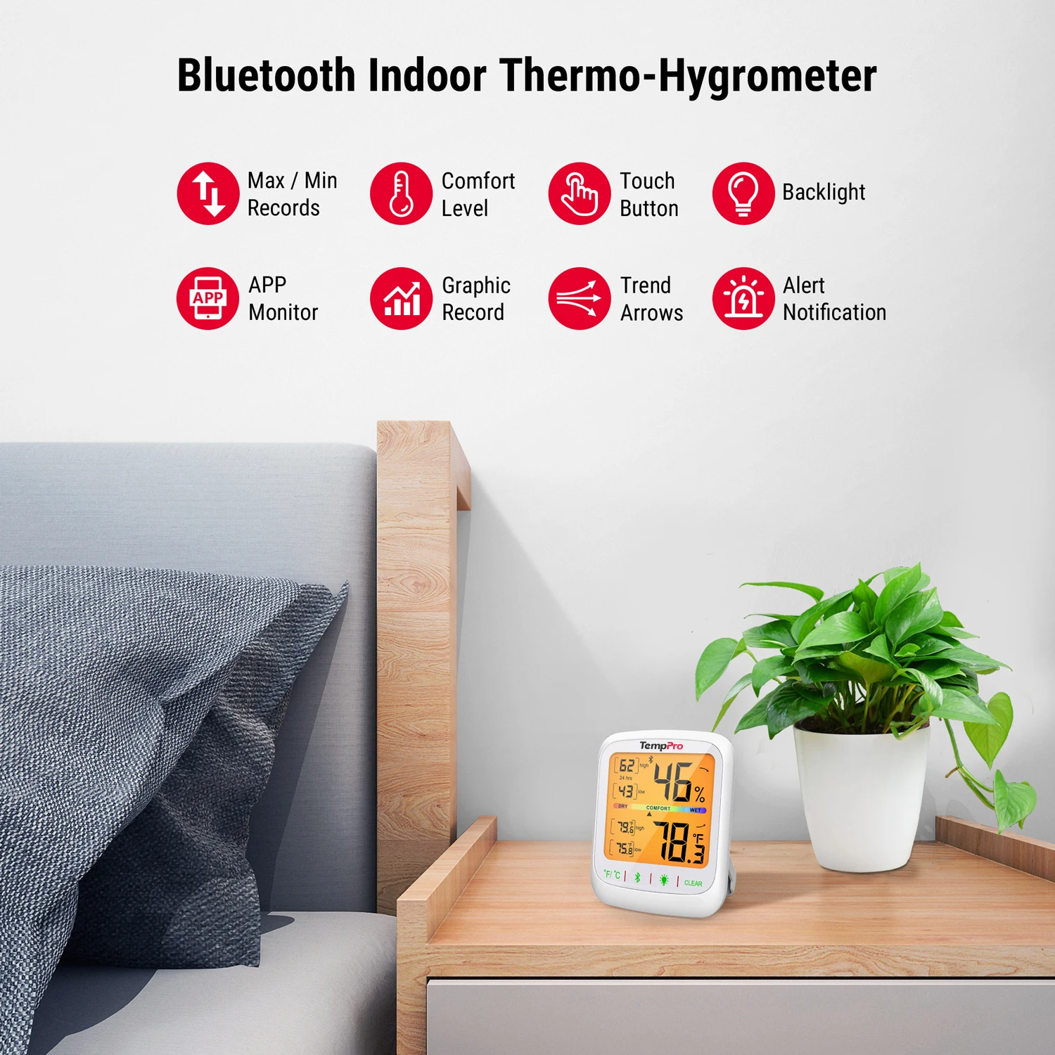 TempPro TP359 Kabelloser 80M Bluetooth-verbundener Smartphone-App-gesteuerter Digitaler Innenraum-Thermometer Hygrometer mit Datengeschichte – Detail 9