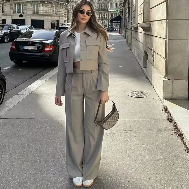 2024 Spring Summer Casual Women Solid Suits Fashion Streetwear Pockets Turn-down Collar Short Jackets+Chic Wide leg pants