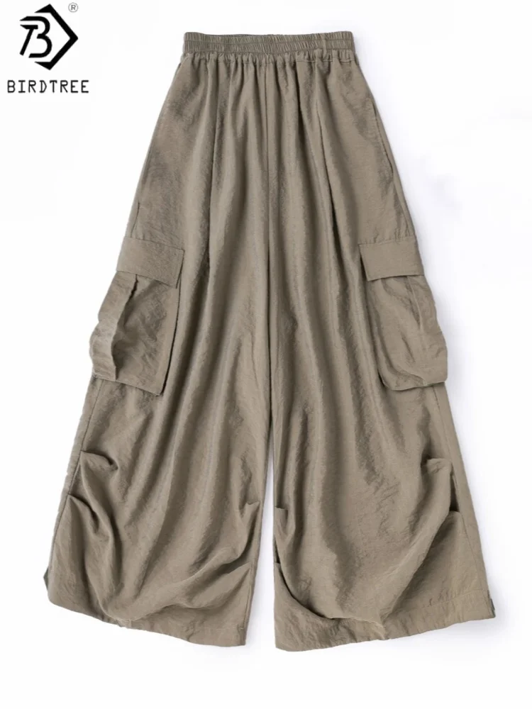 Birdtree, 76% Silk 24% Nylon Cargo Pants, Women Dry Silk Pocket Casual Capri Trousers, Elastic Waist, 2026 Summer New P66206JF
