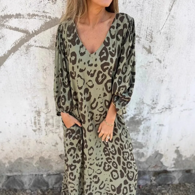 

2025 Spring and Summer Leopard Print V-neck Print Long-sleeved Loose Women's Dress