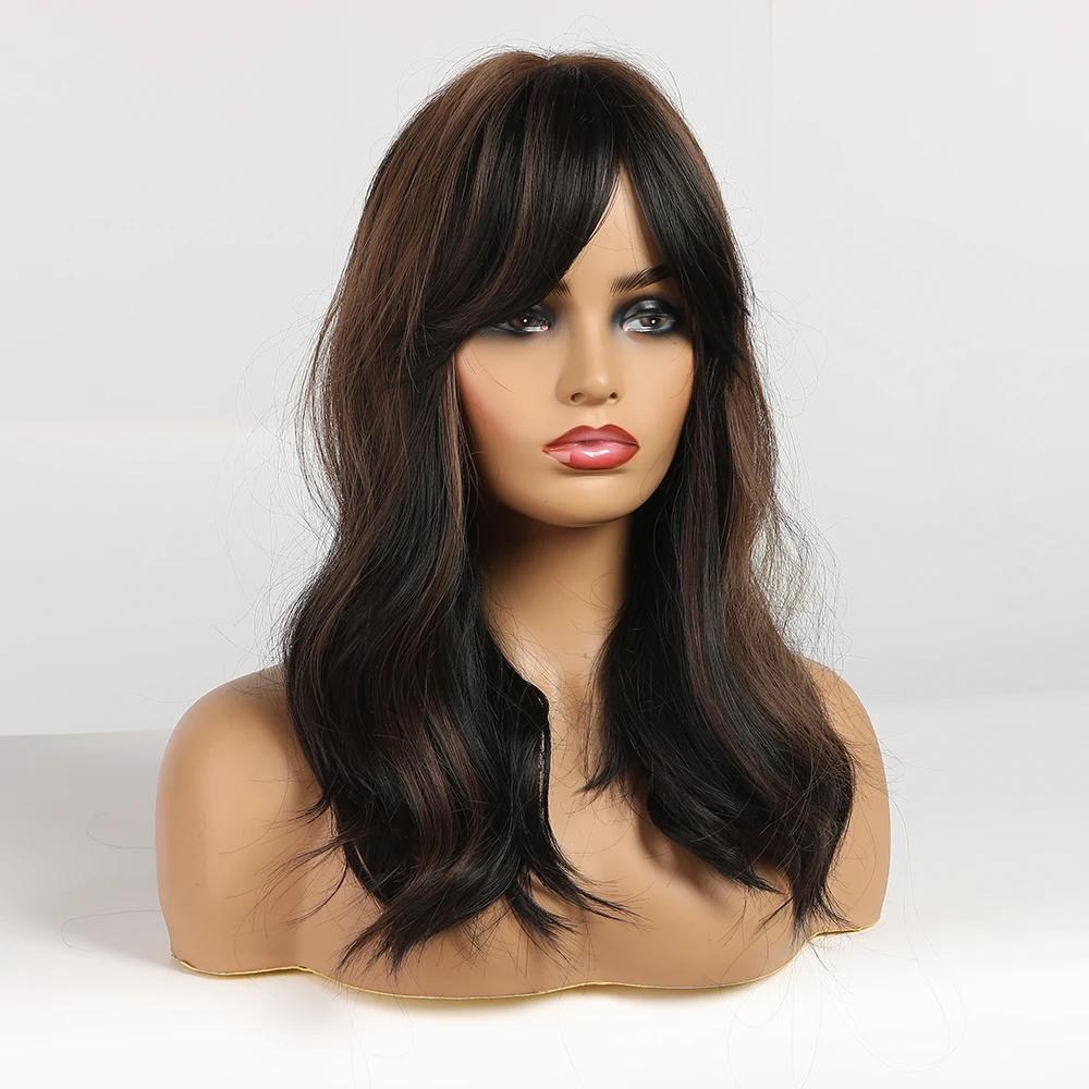 Peluca de cabello ondulado natural de longitud media para mujer, cabello rizado negro en capas y tridimensional, longitud de hombro