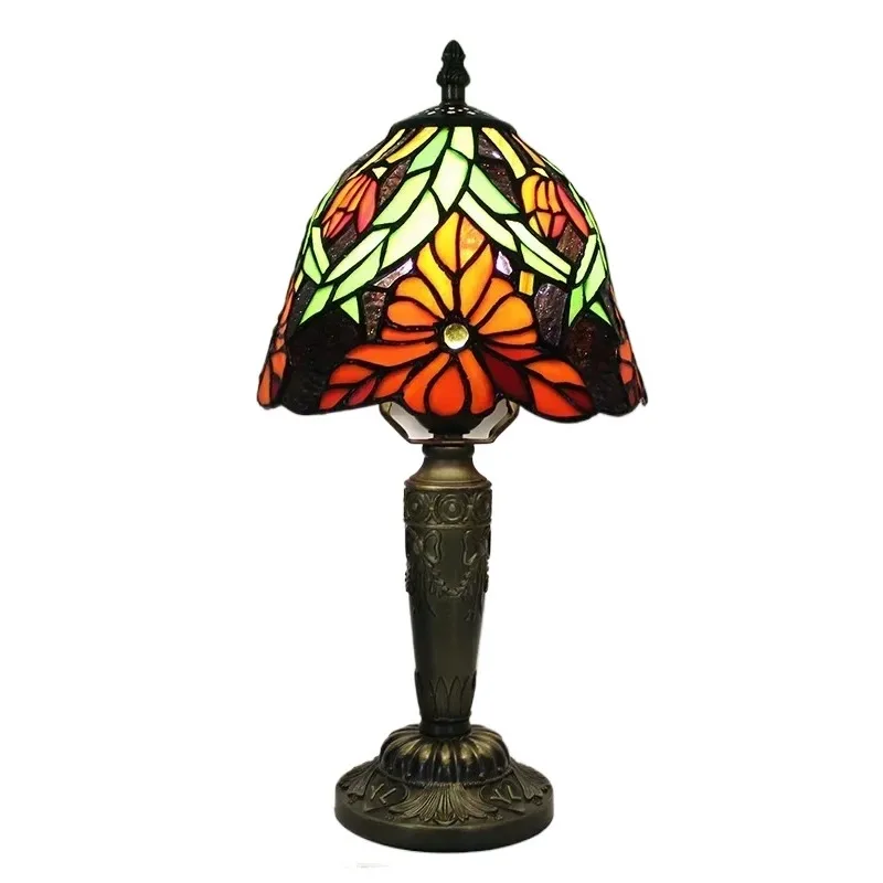 

8inch 20cm Handmade Soldering Process Retro Stained Glass Tiffany Red Flower Lampshade Resin Base Table Lamp Desk Lamp