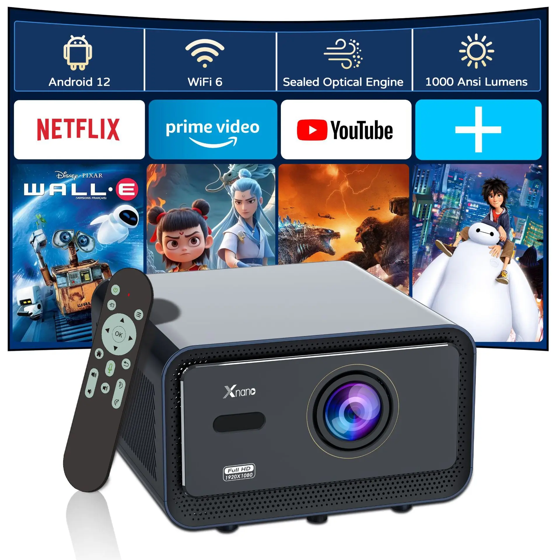 Proyector Xnano HA110 1000ANSI Full HD 1080P con decodificación 4K, Android 11, enfoque automático, corrección trapezoidal automática