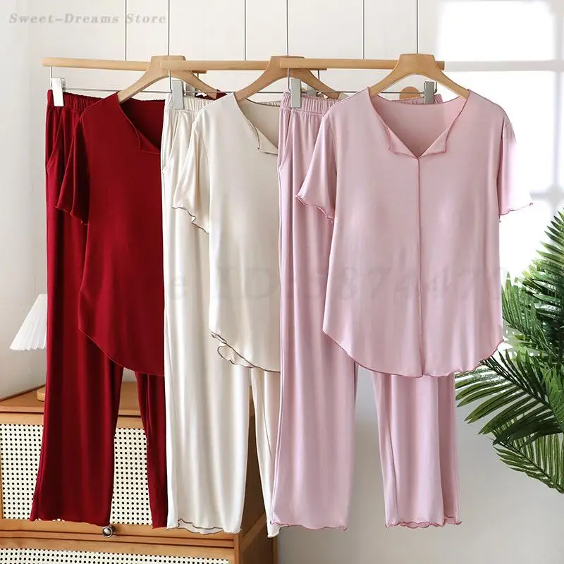 

Women Modal 2PCS Pajamas Set Summer New Short Sleeve Nightwear Loose Casual Home Clothes Sleepwear Shirt&Pants Loungewear