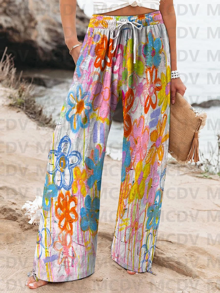 

Женские Винтажные льняные повседневные брюки с цветочным принтом, женские повседневные брюки с 3D принтом