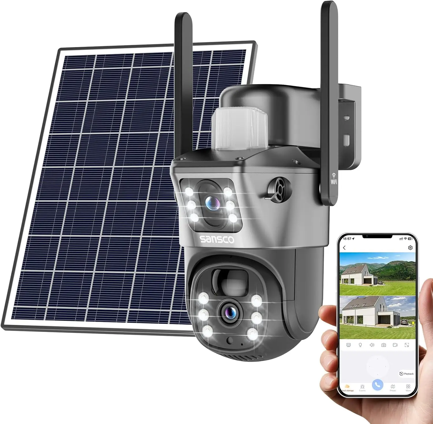 

Беспроводная солнечная камера видеонаблюдения 4MP, 360° ° Уличная Wi-Fi камера PTZ с ночным видением и датчиком движения