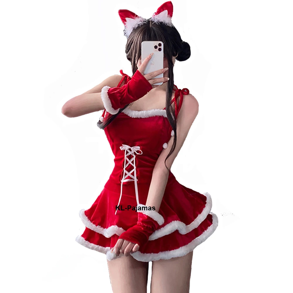 Women's Christmas Costume Halloween Sexy Bunny Uniform Sweet Kawaii Mrs. Santa Claus Red Velvet Top + Skirt + Gloves Full Set