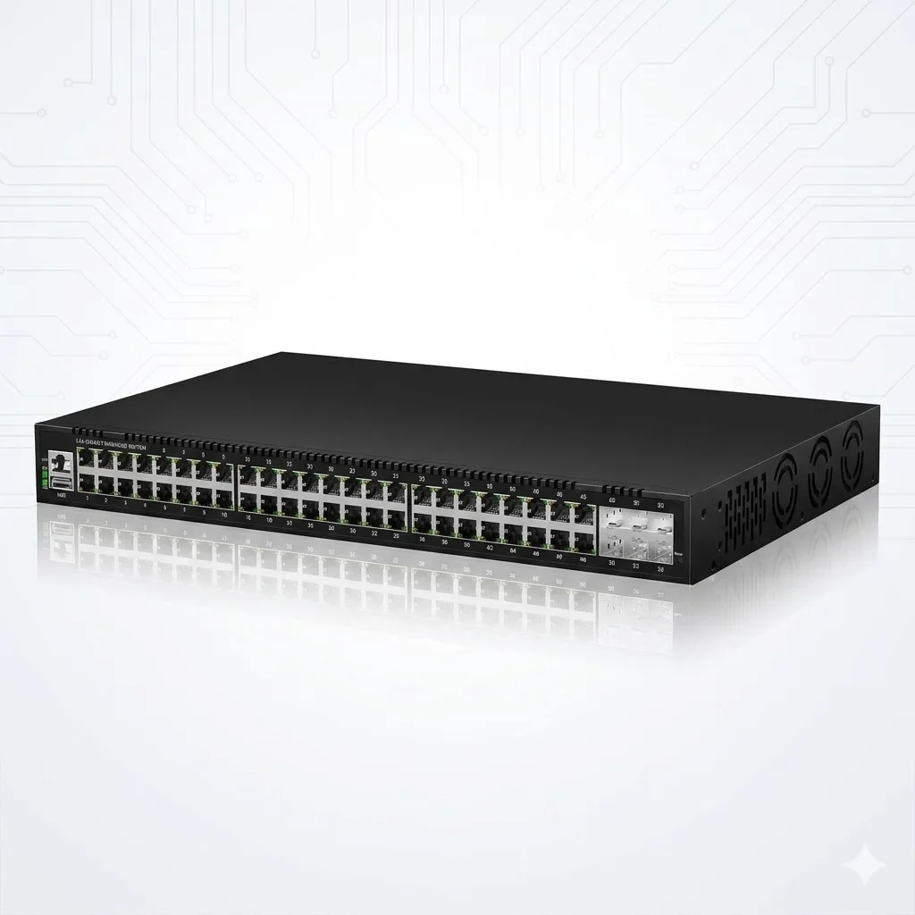 

Коммутатор KeepLiNK KP-9000-54XGM-X6-ACR, 54-портовый, многогигабитный, управляемый, уровня L3, с 48 портами 1GbE и 6 портами 10Gb SFP+ для аплинка
