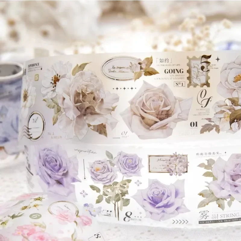 1Roll Rose Literary flowers handbook DIY material PET tape decorative loop stickers Apocalyptic Adhesives Scrapbook 60mm*2m image 4