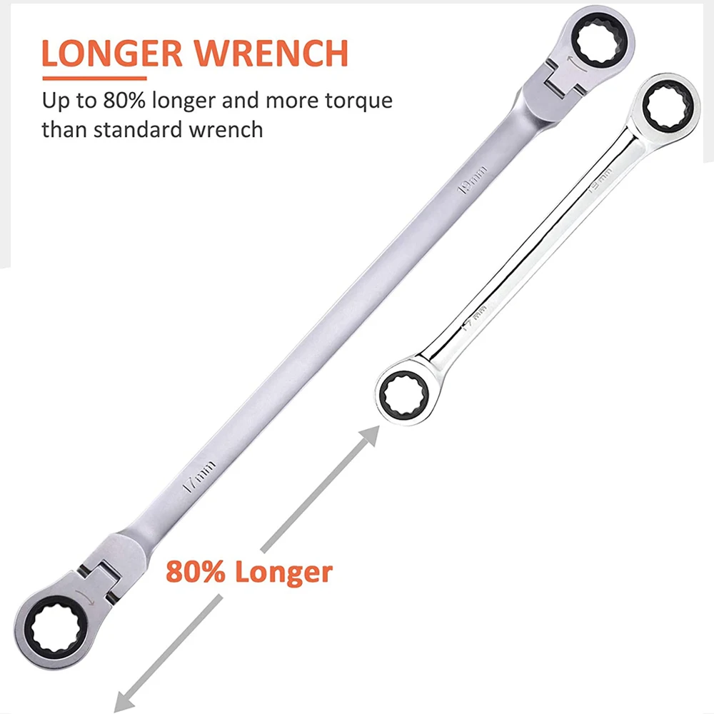 1 Pc Metric Extra Long Gear Ratcheting Wrench Set 8mm-19mm Made of Chrome Vanadium Steel Rotatable Head