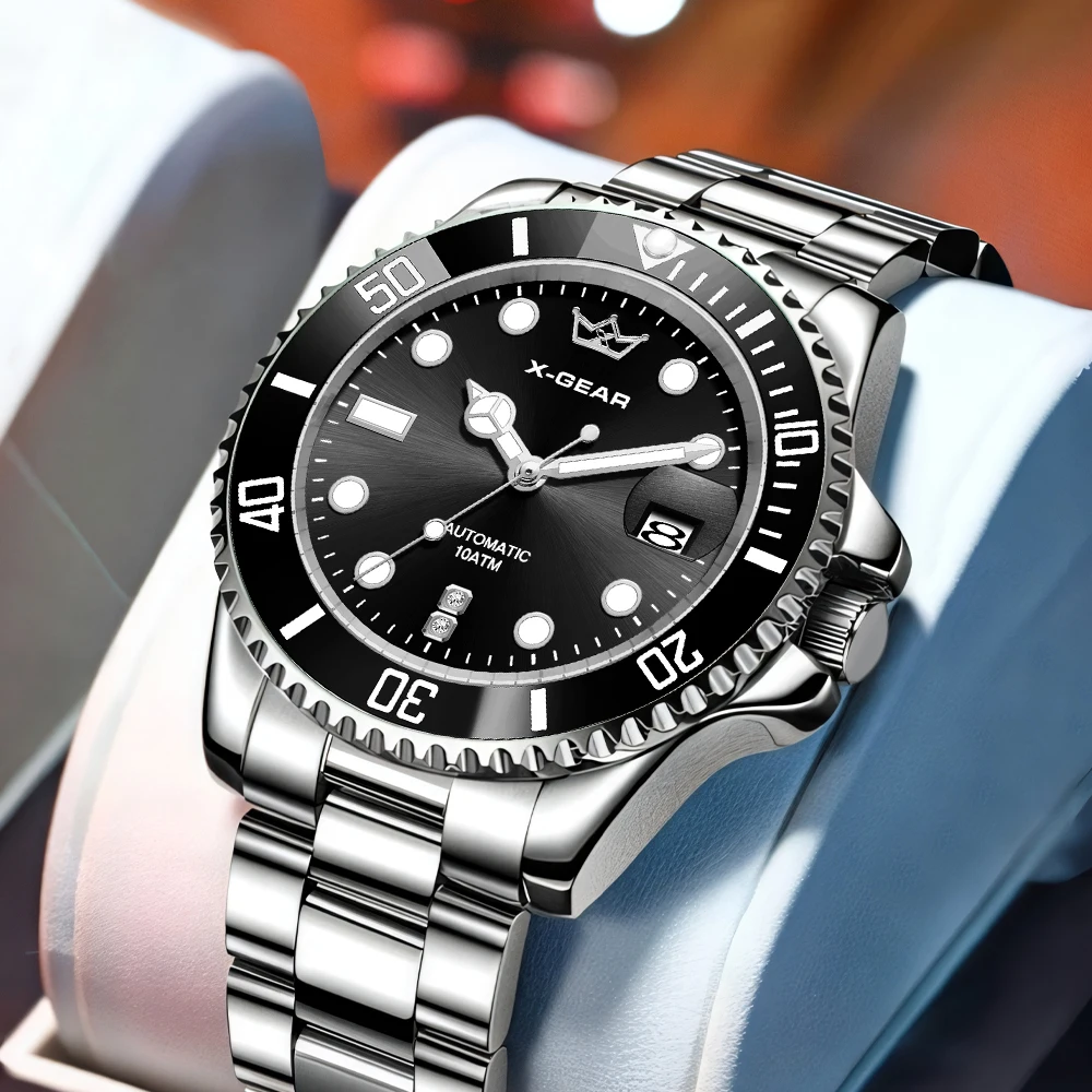 Men's Classic Ghost Watch Mechanical Movement Water Resistant Stainless Steel Ceramic Bezel with Calendar And Magnifier