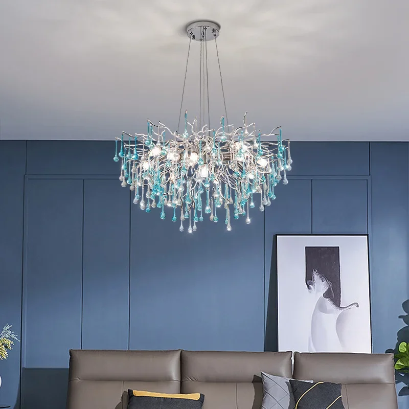 Moderno LED blu gocce d'acqua lampadario a soffitto villa di lusso lampada a sospensione atmosfera di fascia alta soggiorno sala da pranzo lampada a sospensione