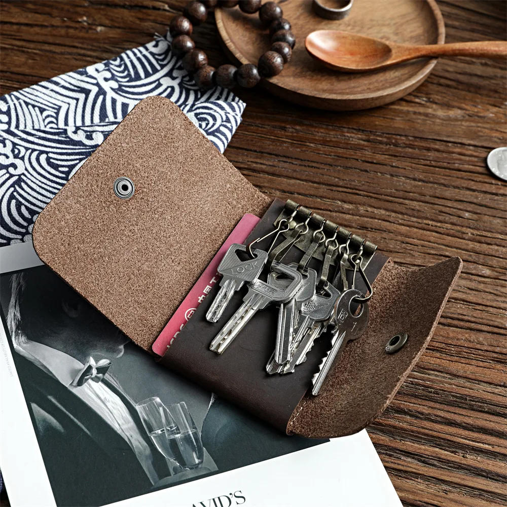 

Тройные держатели для ключей для мужчин, кожаный многофункциональный брелок — минималистичные короткие кошельки для ключей с кнопкой и карманом для карт