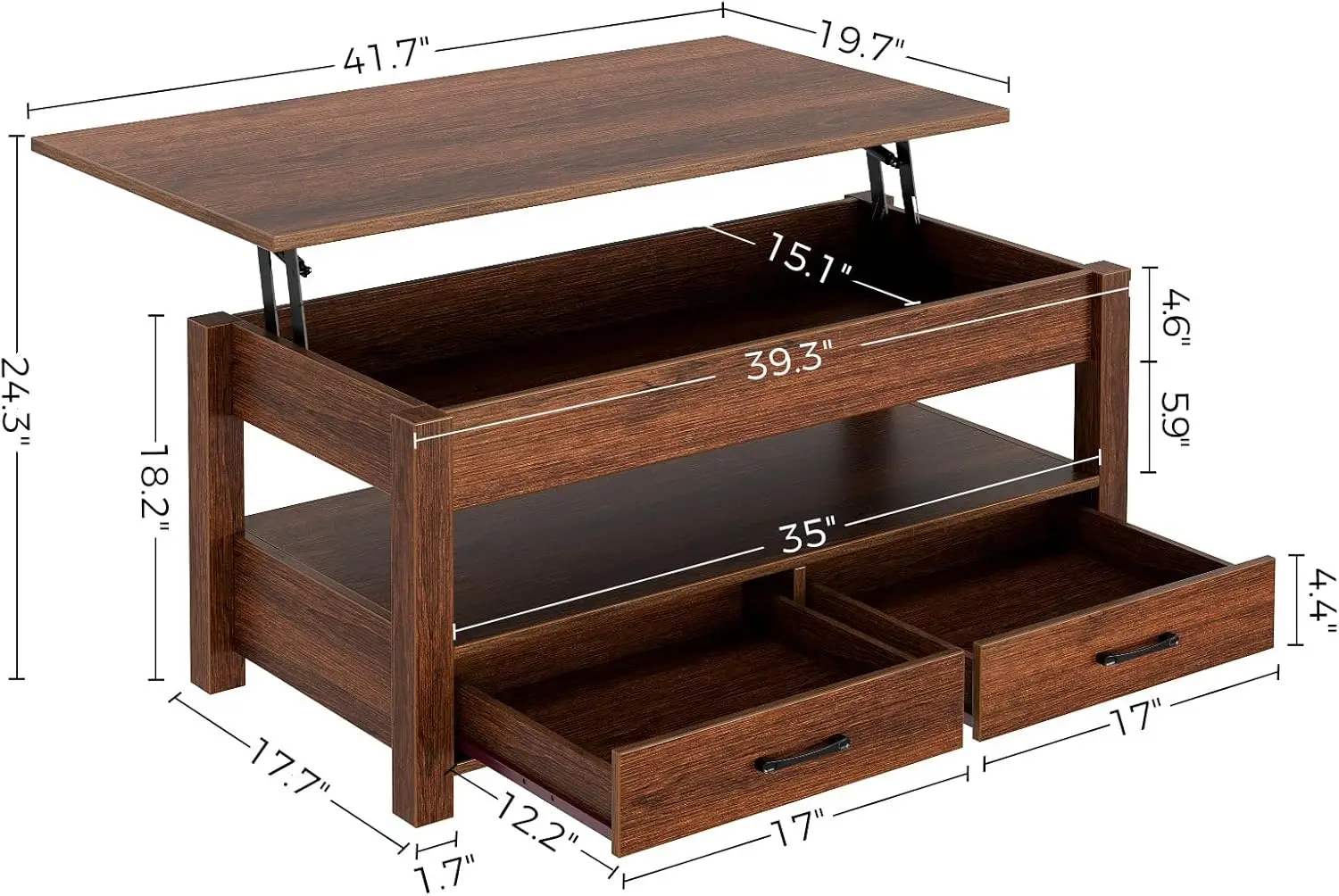 Mesa de centro, mesa de centro elevatória com gavetas e compartimento oculto, mesa central retrô com tampo elevatório de madeira