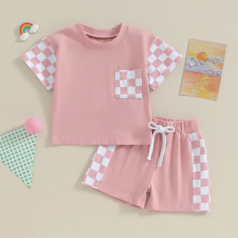 Infant Girls Summer Clothes Outfits Checkerboard Patchwork Crew Neck Short Sleeve T-Shirts and Elastic Waist Shorts Suit image 2
