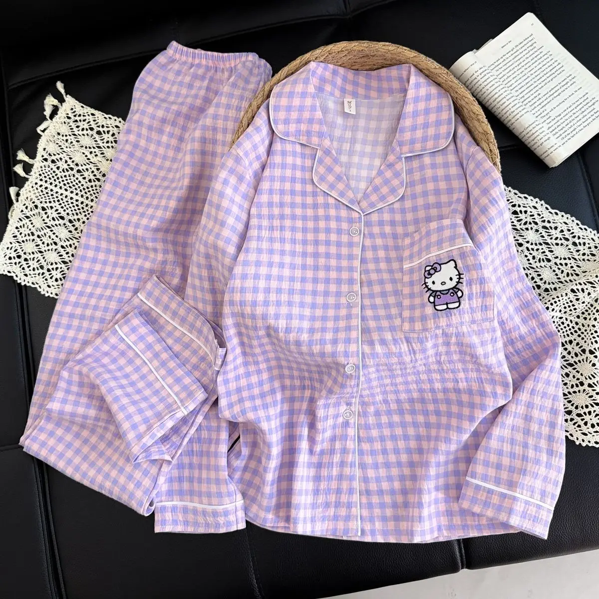 

Новая женская ночная рубашка Sanrio Hello Kitty с длинными рукавами и брюками, пижама с мультяшным принтом Kawaii, весенняя домашняя одежда