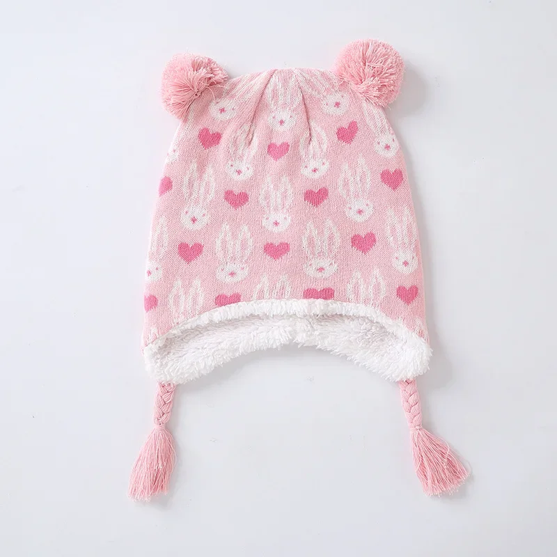 

Baby Hat Winter Thick Pink Rabbit Heart Patter Hat Warm Cap for Girls Kids Children Christmas Gift Photo Props